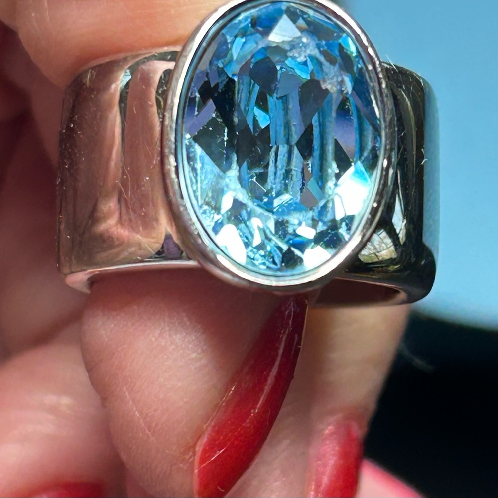 Blue Swarovski Crystal Ring Rhodium Plated Size 6 - Picture 2 of 10